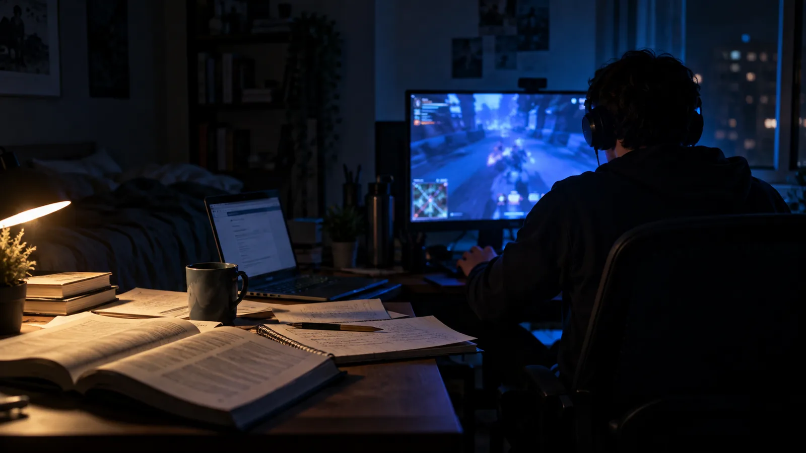 A student gaming late at night beside an open textbook and unfinished coursework